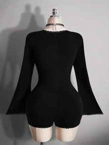 SHEIN ICON Women's Plus Size Autumn/Winter Black Goth Night Out Club Y2K Front Hollow-Out Lace Patchwork Flared Long Sleeve Knit Ribbed Slim Fit Jumpsuit Fall - Black - View 3