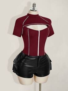 SHEIN ICON 大码女式撞色拼接镂空拉链短袖T恤 - 酒紅色 - 查看 7