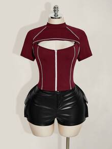 SHEIN ICON 大码女式撞色拼接镂空拉链短袖T恤 - 酒紅色 - 查看 3