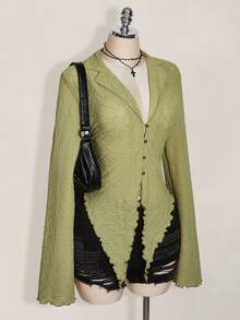 SHEIN ICON ICON PLUS Lettuce Trim Asymmetrical Hem Sheer Top Without Bra Plus Size Blouses-1891,Y2k Fall - Olive Green - View 4