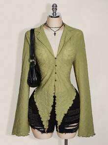 SHEIN ICON ICON PLUS Lettuce Trim Asymmetrical Hem Sheer Top Without Bra Plus Size Blouses-1891,Y2k Fall - Olive Green - View 7