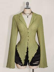 SHEIN ICON ICON PLUS Lettuce Trim Asymmetrical Hem Sheer Top Without Bra Plus Size Blouses-1891,Y2k Fall - Olive Green - View 6