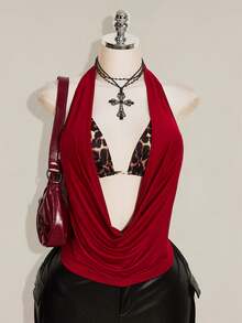 SHEIN ICON 女款大尺碼復古性感 Y2K 都市現代風紅色巧克力棕色細肩帶背心上衣 豹紋綁帶式胸罩 2 件組 夏季萬聖節夜店穿搭 - 酒紅色 - 查看 11