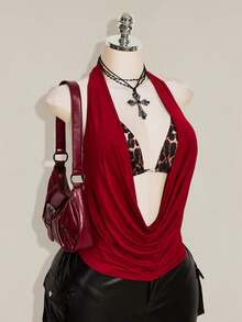 SHEIN ICON 女款大尺碼復古性感 Y2K 都市現代風紅色巧克力棕色細肩帶背心上衣 豹紋綁帶式胸罩 2 件組 夏季萬聖節夜店穿搭 - 酒紅色 - 查看 7