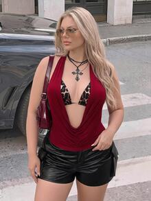 SHEIN ICON 女款大尺碼復古性感 Y2K 都市現代風紅色巧克力棕色細肩帶背心上衣 豹紋綁帶式胸罩 2 件組 夏季萬聖節夜店穿搭 - 酒紅色 - 查看 1