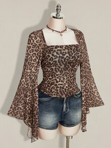 SHEIN ICON 大尺碼女款復古豹紋喇叭袖上衣 - 彩色 - 查看 4