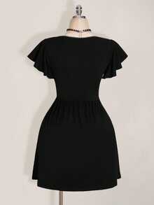 SHEIN ICON 夏季大码优雅纯色方领荷叶边袖连衣裙 - 黑色 - 查看 2
