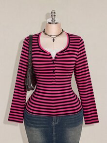 SHEIN ICON Women's Plus Size Autumn/Winter Contrast Lace Black & Grey Striped Slim Fit T-Shirt Fall - Multicolor - View 11