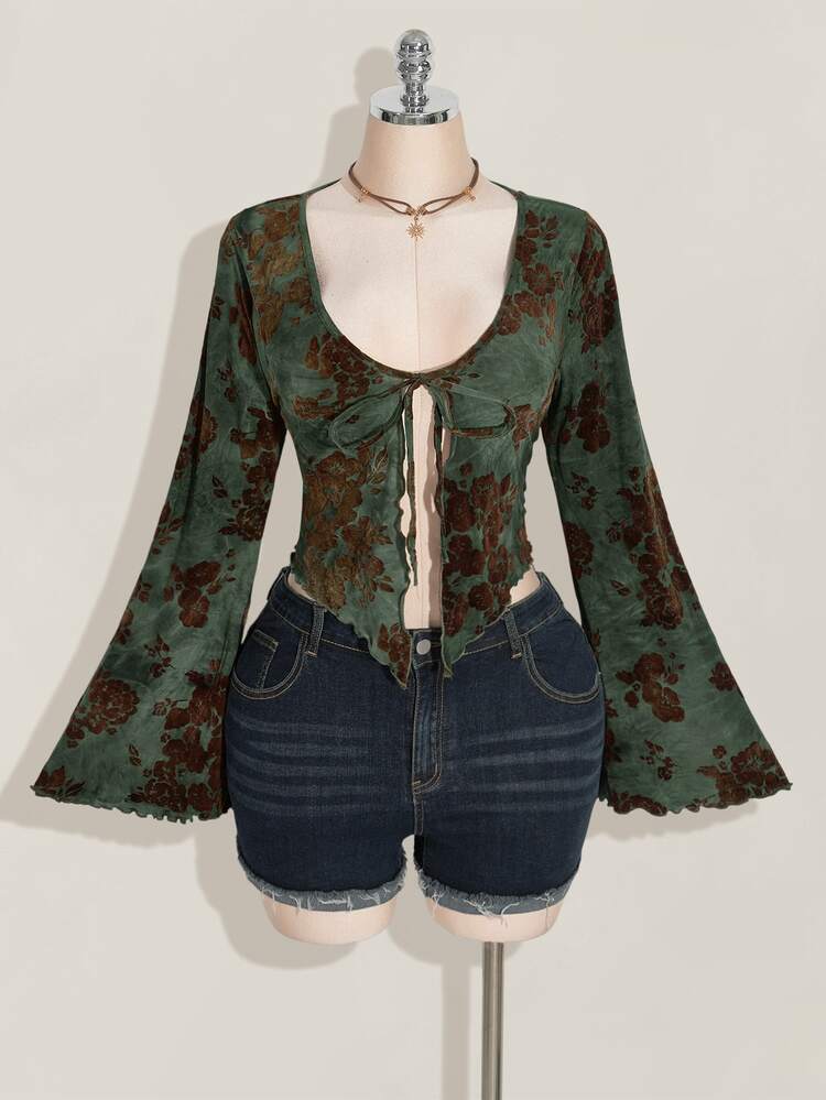 SHEIN ICON Women's Plus Size Sage Green Autumn Bohemian Casual Top, Brown Flower Flocking Front Tie Trumpet Sleeves Pointed Hem Slim Fit Brunch Going Out - Multicolor - View 3