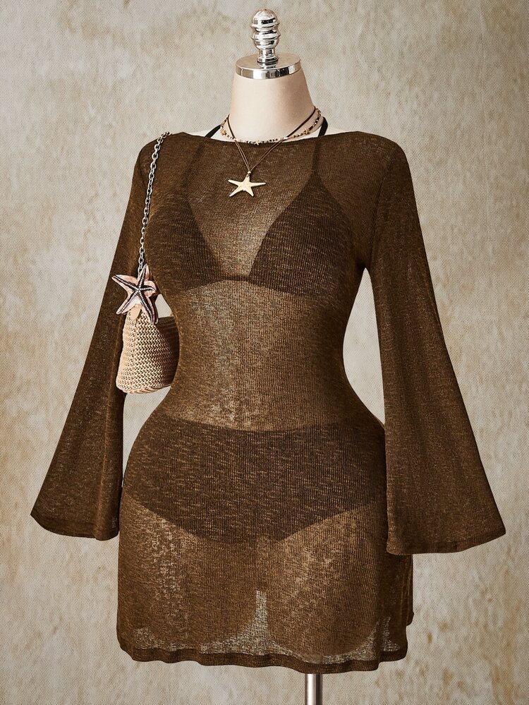SHEIN ICON Plus Size Retro Sexy Millennial Style Y2K Urban Modern Bohemian Beach Vacation Brown Lightweight Sheer Knit Flared Sleeves Open Back Slim Dress Autumn - Brown - View 4