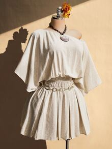 SHEIN ICON 大尺碼復古休閒米色夏季波希米亞風海灘早午餐度假假日千禧風格Y2K優雅單肩百褶腰中長洋裝亞麻混紡 - 杏色 - 查看 5