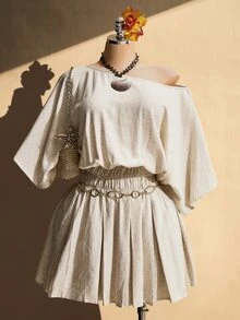 SHEIN ICON 大尺碼復古休閒米色夏季波希米亞風海灘早午餐度假假日千禧風格Y2K優雅單肩百褶腰中長洋裝亞麻混紡 - 杏色 - 查看 8