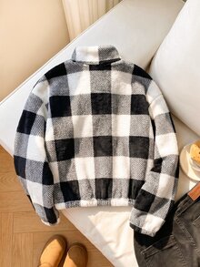 女童針織黑白格紋毛絨立領半拉鍊寬鬆休閒長袖衛衣，秋冬青少年女孩款 - 黑與白 - 查看 9