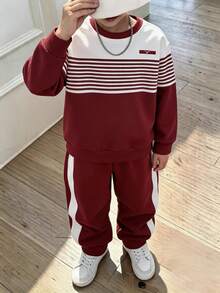 SHEIN 2pcs Tween Boys' Fashion White & Dark Green Long Pants Two Pieces Set, Green Graphic Print On Chest, - Red - View 9