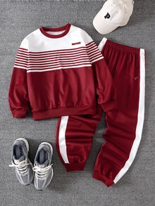 SHEIN 2pcs Tween Boys' Fashion White & Dark Green Long Pants Two Pieces Set, Green Graphic Print On Chest, - Red - View 2