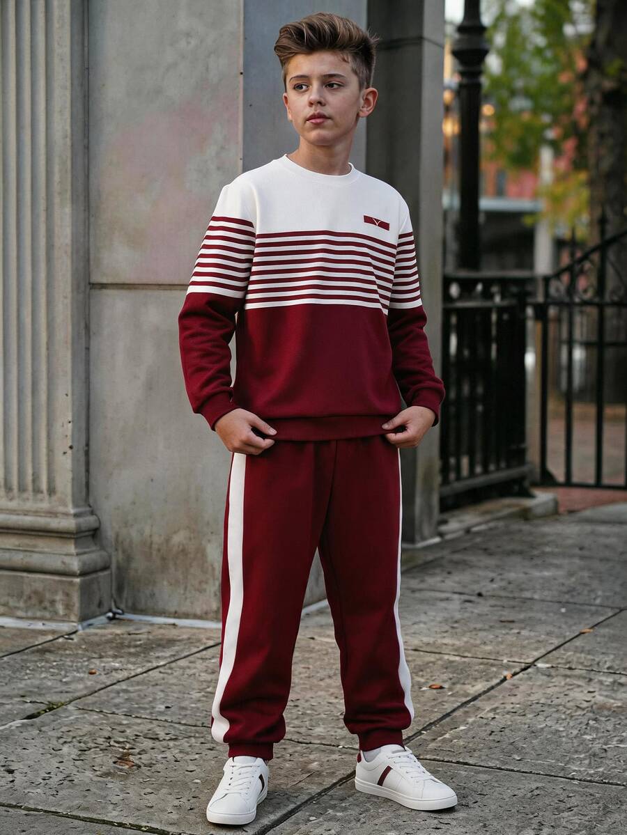SHEIN 2pcs Tween Boys' Fashion White & Dark Green Long Pants Two Pieces Set, Green Graphic Print On Chest, - Red - View 1