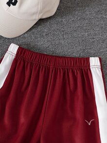SHEIN 2pcs Tween Boys' Fashion White & Dark Green Long Pants Two Pieces Set, Green Graphic Print On Chest, - Red - View 5