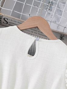 SHEIN Tween Girls White Summer Cute Elegant Tropical Wedding Party Bamboo Linen Round Neck Flutter Sleeve Laser Cutout Hem Fitted Mini Dress Vacation - White - View 7