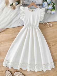 SHEIN Tween Girls White Summer Cute Elegant Tropical Wedding Party Bamboo Linen Round Neck Flutter Sleeve Laser Cutout Hem Fitted Mini Dress Vacation - White - View 3