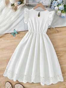 SHEIN Tween Girls White Summer Cute Elegant Tropical Wedding Party Bamboo Linen Round Neck Flutter Sleeve Laser Cutout Hem Fitted Mini Dress Vacation - White - View 2