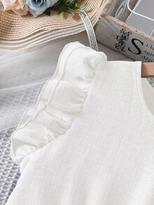 SHEIN Tween Girls White Summer Cute Elegant Tropical Wedding Party Bamboo Linen Round Neck Flutter Sleeve Laser Cutout Hem Fitted Mini Dress Vacation - White - View 5
