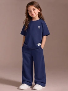 SHEIN Young Girls Casual Loose Drop Shoulder Sweatshirt And Sweatpants 2-Piece Set Back To School Outfit Perfect For Casual Daily Wear And Autumn/Winter Sch - Navy Blue - View 1