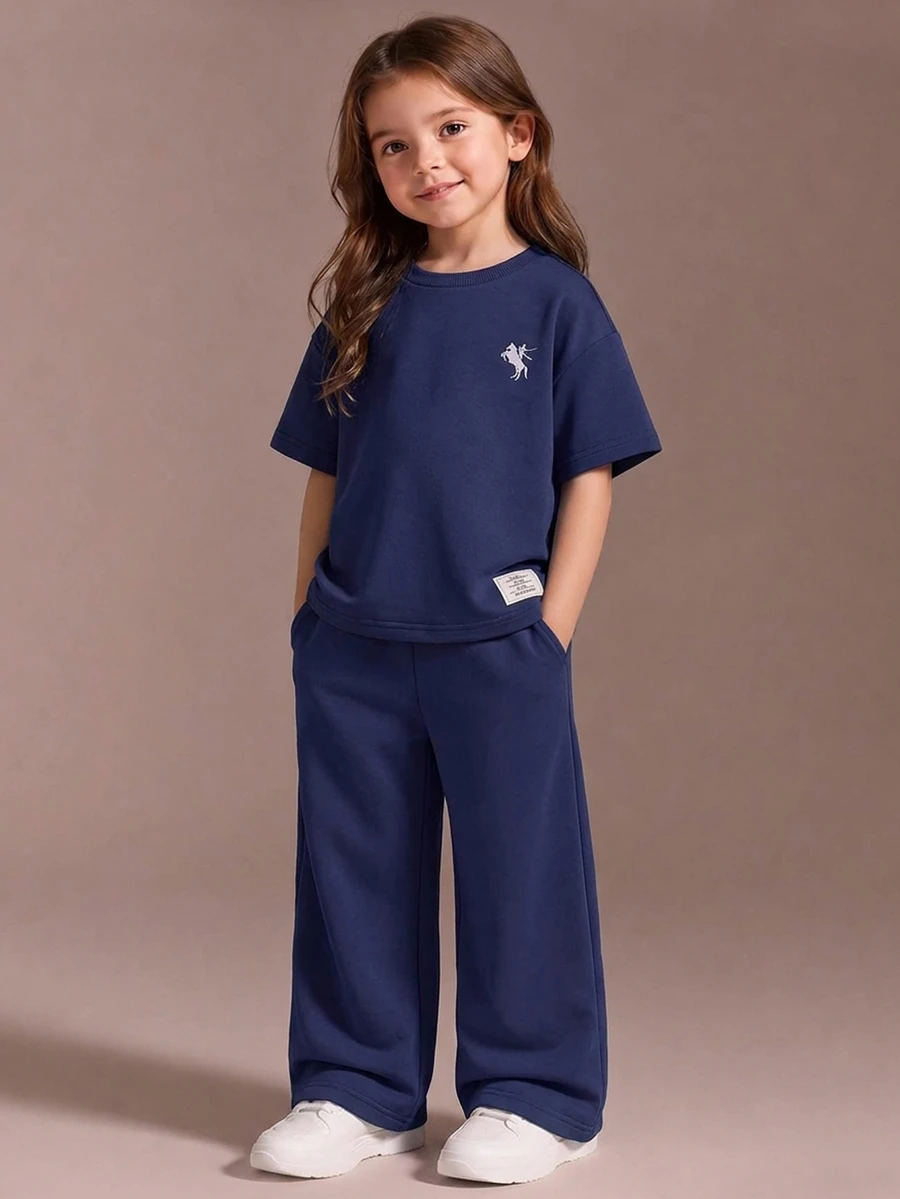 SHEIN Young Girls Casual Loose Drop Shoulder Sweatshirt And Sweatpants 2-Piece Set Back To School Outfit Perfect For Casual Daily Wear And Autumn/Winter Sch - Navy Blue - View 1