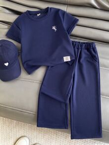 SHEIN Young Girls Casual Loose Drop Shoulder Sweatshirt And Sweatpants 2-Piece Set Back To School Outfit Perfect For Casual Daily Wear And Autumn/Winter Sch - Navy Blue - View 3