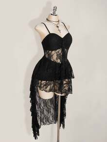 SHEIN ICON Plus Size Black V-Neck Ruffle Trim Short Front Long Back Slip Dress, Y2K Goth Sexy Spaghetti Strap Hem Wedding Date Night Cocktail Party Women Summer - Black - View 6