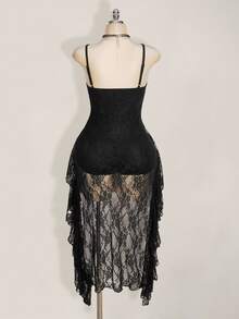 SHEIN ICON Plus Size Black V-Neck Ruffle Trim Short Front Long Back Slip Dress, Y2K Goth Sexy Spaghetti Strap Hem Wedding Date Night Cocktail Party Women Summer - Black - View 9