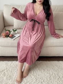 Dazy Plus Plus Size Women Velvet & Contrast Lace V-Neck Flare Sleeve Midi Nightgown, Sexy For Autumn/Winter, Fall - Coral Pink - View 7