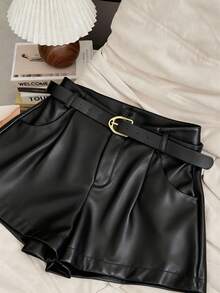 INAWLY Women's Pocket PU Leather Fashionable Versatile Commuting Party Shorts - Black - View 4