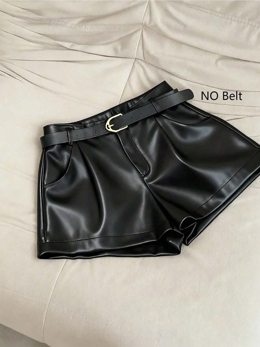 INAWLY Women's Pocket PU Leather Fashionable Versatile Commuting Party Shorts - Black - View 1