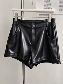 INAWLY Women's Pocket PU Leather Fashionable Versatile Commuting Party Shorts - Black - View 3