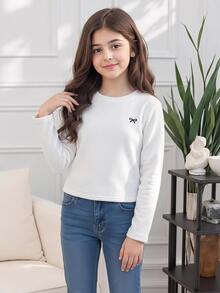 SHEIN طبقة أساسية للفتيات المراهقات خريف/شتاء بيضاء مبطنة حرارياً بطبعة فيونكة كاجوال متعددة الاستخدامات للارتداء اليومي - أبيض - مشاهدة 5