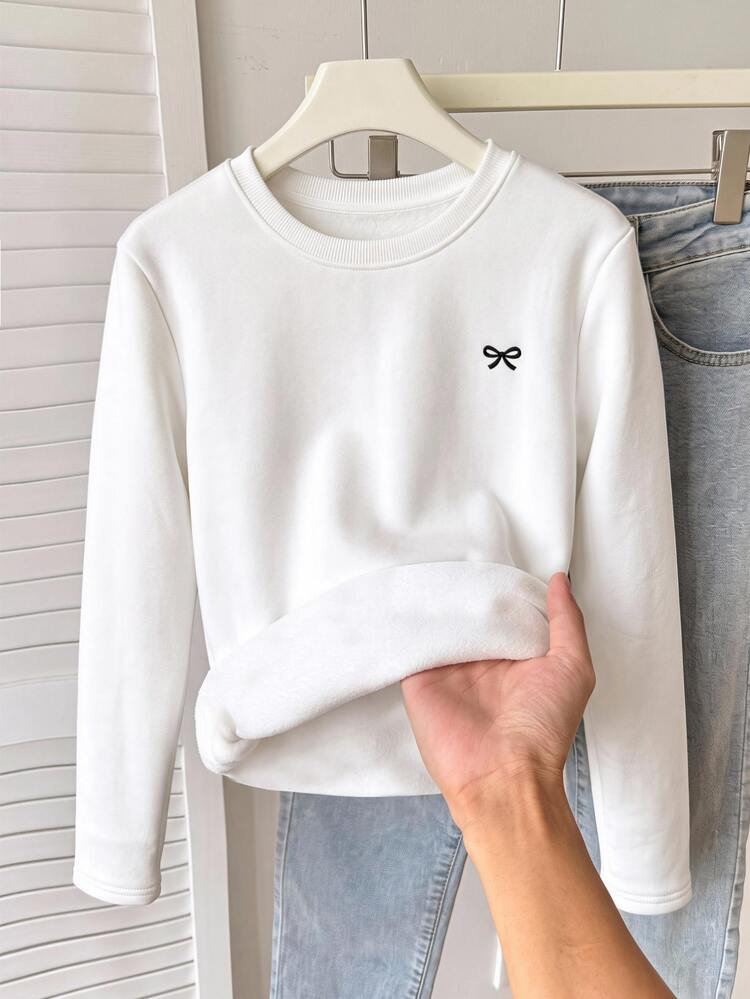 SHEIN Tween Girls Tween Girl Autumn/Winter White Thermal Lined Bow Print Base Layer Casual Versatile Daily Wear Tween Girl - White - View 3