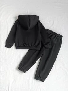 SHEIN 小男孩刺繡動物連帽拉鍊夾克與側條紋慢跑長褲 2件式休閒運動套裝，適合秋冬校園日常穿著 - 黑色 - 查看 4