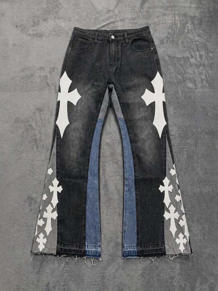 Manfinity Roghcode Men's Cross Pattern Colorblock Pocket Casual Flare Jeans, Goth - Dark Grey - View 4