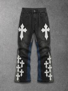 Manfinity Roghcode Men's Cross Pattern Pocket Casual Flare Jeans - Dark Grey - View 3
