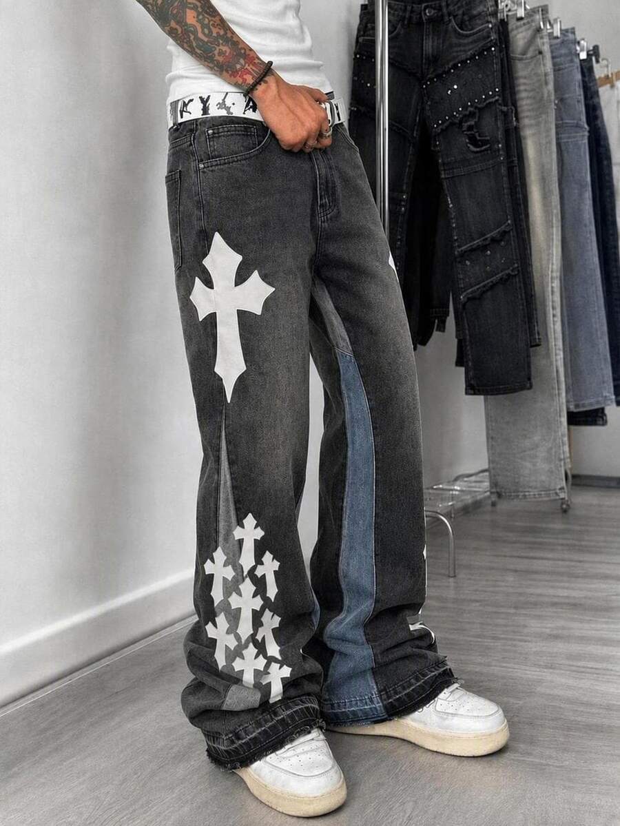 Manfinity Roghcode Men's Cross Pattern Pocket Casual Flare Jeans - Dark Grey - View 1