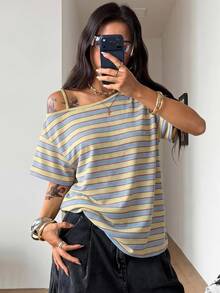 Coolane Women's Summer Casual Streetwear Going Out Y2K Light Blue Striped Asymmetrical One Shoulder Loose Fit Short Sleeve T-Shirt - Baby Blue - View 2