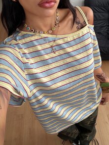 Coolane Women's Summer Casual Streetwear Going Out Y2K Light Blue Striped Asymmetrical One Shoulder Loose Fit Short Sleeve T-Shirt - Baby Blue - View 3