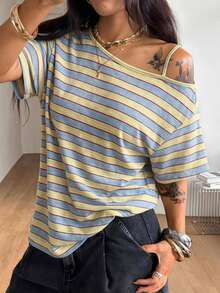 Coolane Women's Summer Casual Streetwear Going Out Y2K Light Blue Striped Asymmetrical One Shoulder Loose Fit Short Sleeve T-Shirt - Baby Blue - View 1