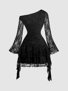 SHEIN MOD Black Lace Bell Sleeve Ruffle Asymmetrical Shoulder Dress,Layered Short Party Night Out Cocktail Gown Elegant Sexy, 2026 Fall/Winter ,Napoleon - Black - View 6