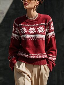 SHEIN LUNE 女款時尚針織套頭毛衣 秋季休閒復古優雅紅白格紋圓領長袖雪花提花日常款 - 紅色 - 查看 4