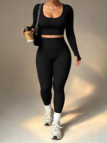 Rhythm Era Setelan Olahraga Atasan Lengan Panjang dan Legging Ukuran Plus Wanita - Hitam - View 4