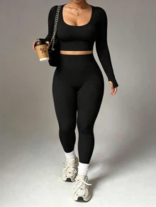 Rhythm Era Setelan Olahraga Atasan Lengan Panjang dan Legging Ukuran Plus Wanita - Hitam - View 8