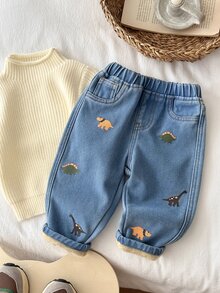 Cozy Pixies Celana Jeans Bayi Laki-laki Nyaman, Longgar, Cocok untuk Musim Dingin dan Gugur, Motif Kartun Dinosaurus Kecil, Pinggang Elastis - Biru - View 3