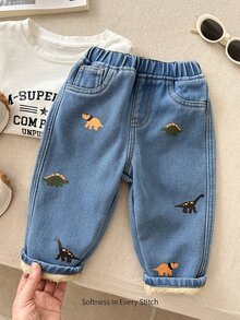 Cozy Pixies Celana Jeans Bayi Laki-laki Nyaman, Longgar, Cocok untuk Musim Dingin dan Gugur, Motif Kartun Dinosaurus Kecil, Pinggang Elastis - Biru - View 4