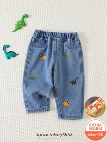 Cozy Pixies Celana Jeans Bayi Laki-laki Nyaman, Longgar, Cocok untuk Musim Dingin dan Gugur, Motif Kartun Dinosaurus Kecil, Pinggang Elastis - Biru - View 1